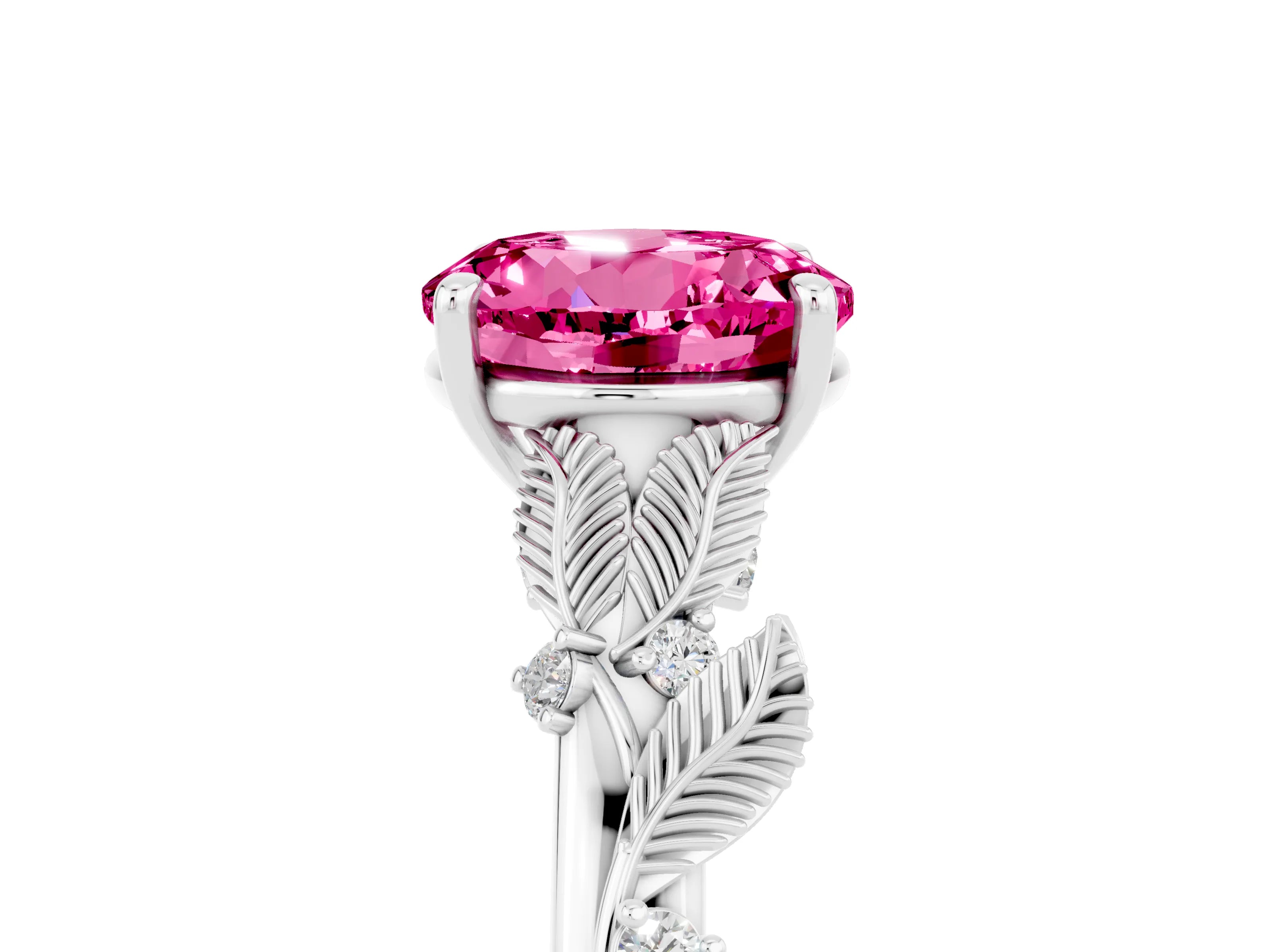 White gold Round Cut Pink Sapphire Solitaire Ring with Leaf Motif Band and Four-Prong Setting_36