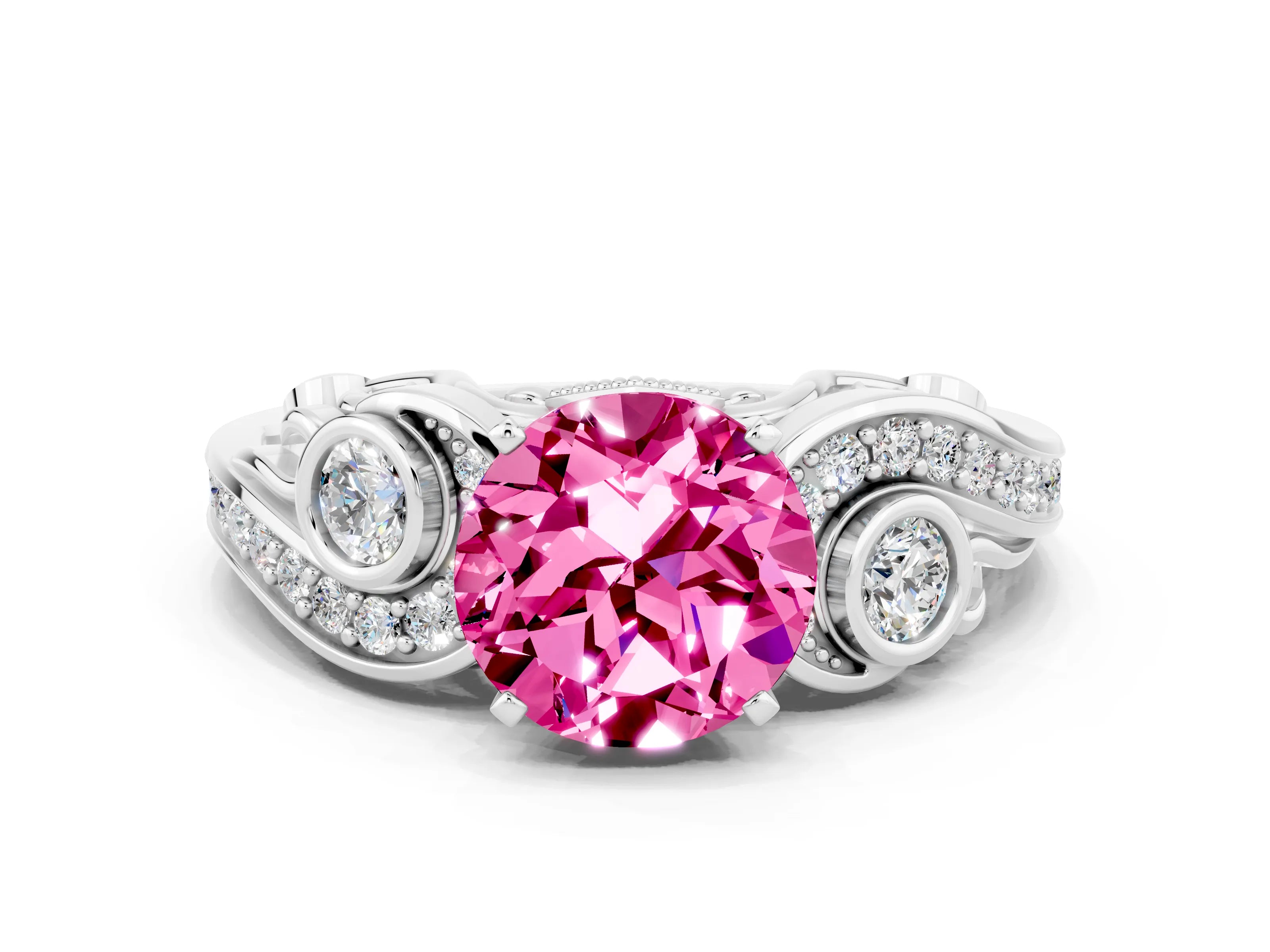 White gold Round Cut Pink Sapphire Solitaire Ring with Milgrain Pavé Band and Four-Prong Setting_12