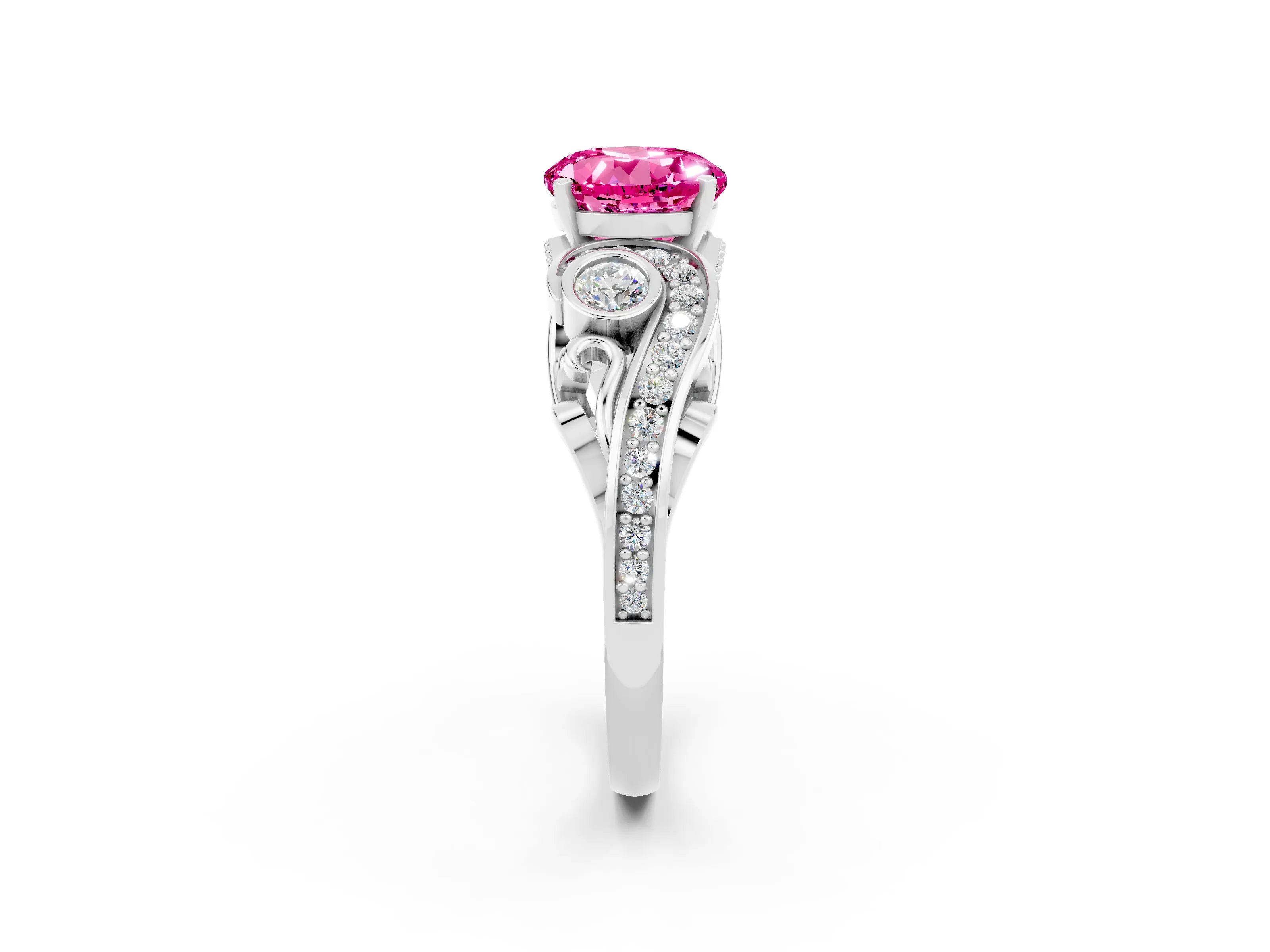 White gold Round Cut Pink Sapphire Solitaire Ring with Milgrain Pavé Band and Four-Prong Setting_14