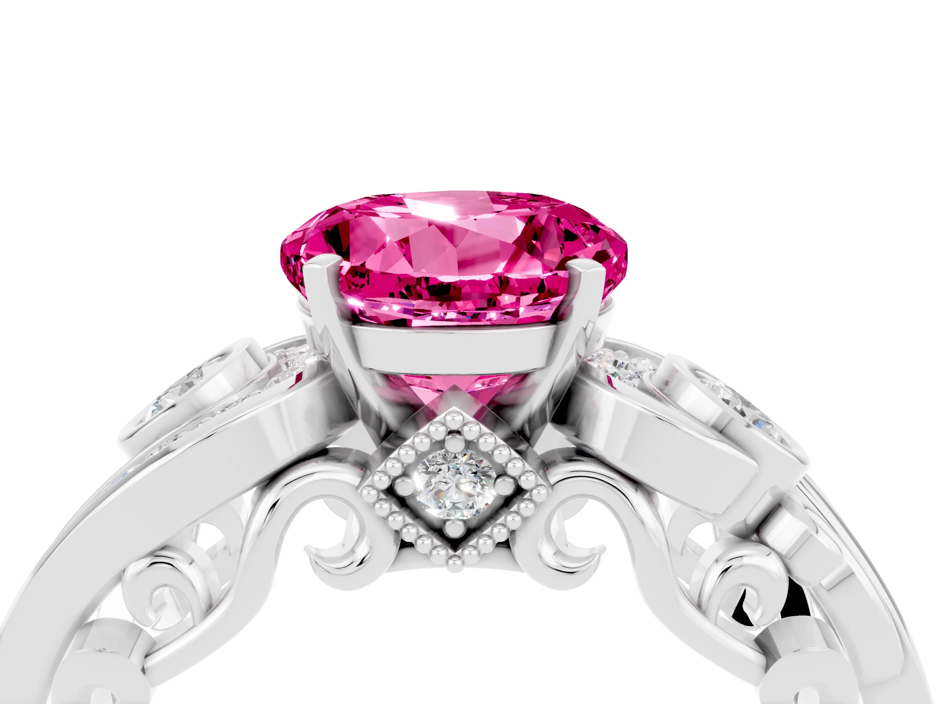 White gold Round Cut Pink Sapphire Solitaire Ring with Milgrain Pavé Band and Four-Prong Setting_16