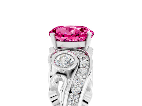 White gold Round Cut Pink Sapphire Solitaire Ring with Milgrain Pavé Band and Four-Prong Setting_17