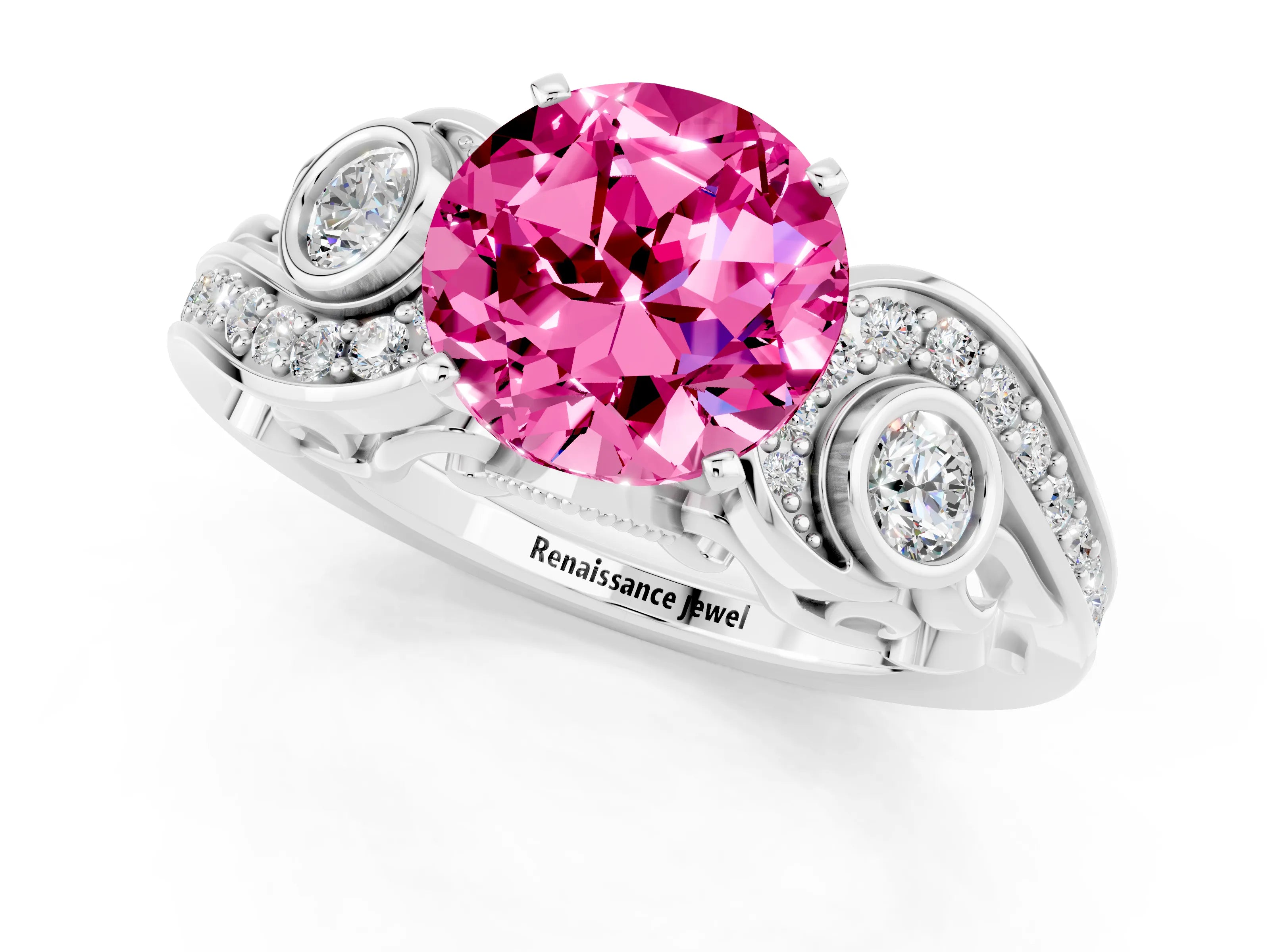 White gold Round Cut Pink Sapphire Solitaire Ring with Milgrain Pavé Band and Four-Prong Setting_49