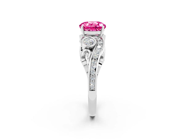 White gold Round Cut Pink Sapphire Solitaire Ring with Milgrain Pavé Band and Four-Prong Setting