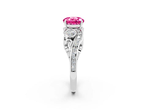 White gold Round Cut Pink Sapphire Solitaire Ring with Milgrain Pavé Band and Four-Prong Setting_50
