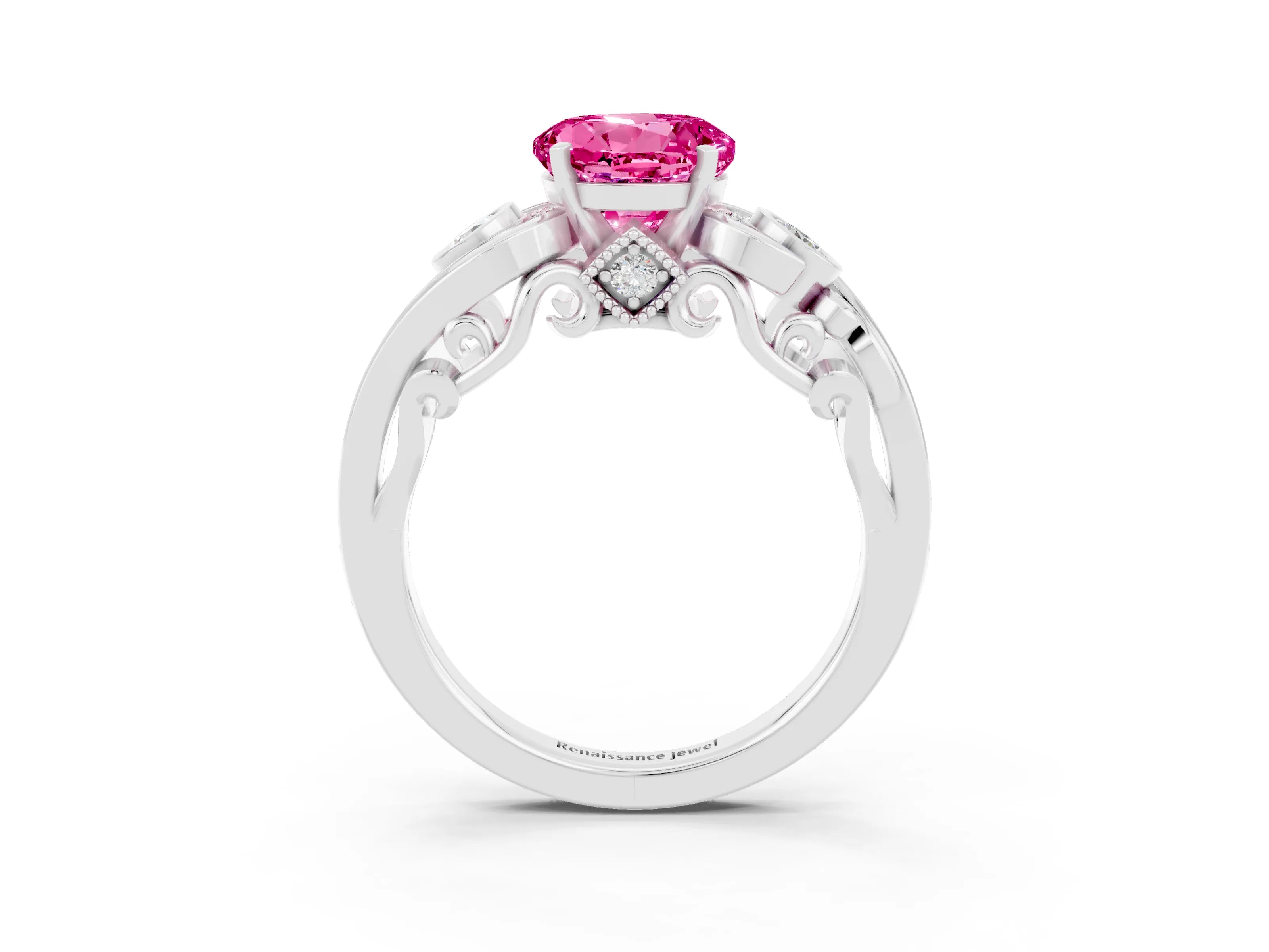 White gold Round Cut Pink Sapphire Solitaire Ring with Milgrain Pavé Band and Four-Prong Setting_51