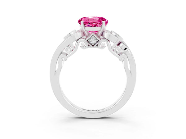 White gold Round Cut Pink Sapphire Solitaire Ring with Milgrain Pavé Band and Four-Prong Setting