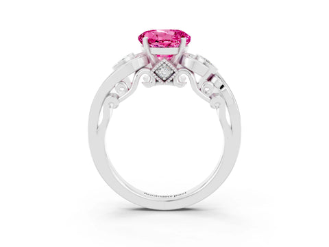 White gold Round Cut Pink Sapphire Solitaire Ring with Milgrain Pavé Band and Four-Prong Setting_51