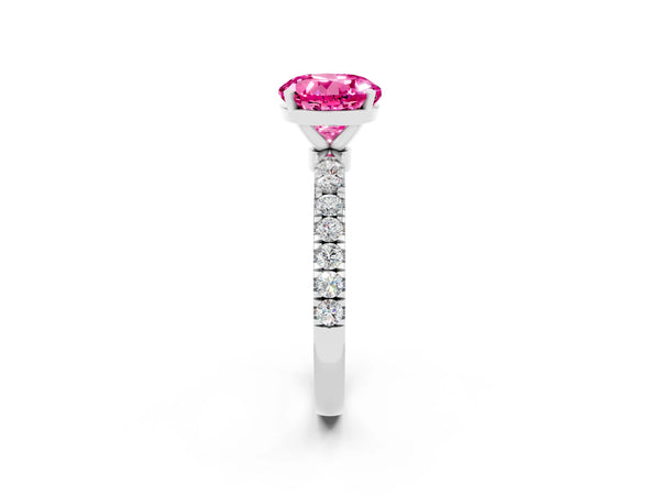 Platinum Round Cut Pink Sapphire Solitaire Ring with Pavé Accents and Four-Prong Setting