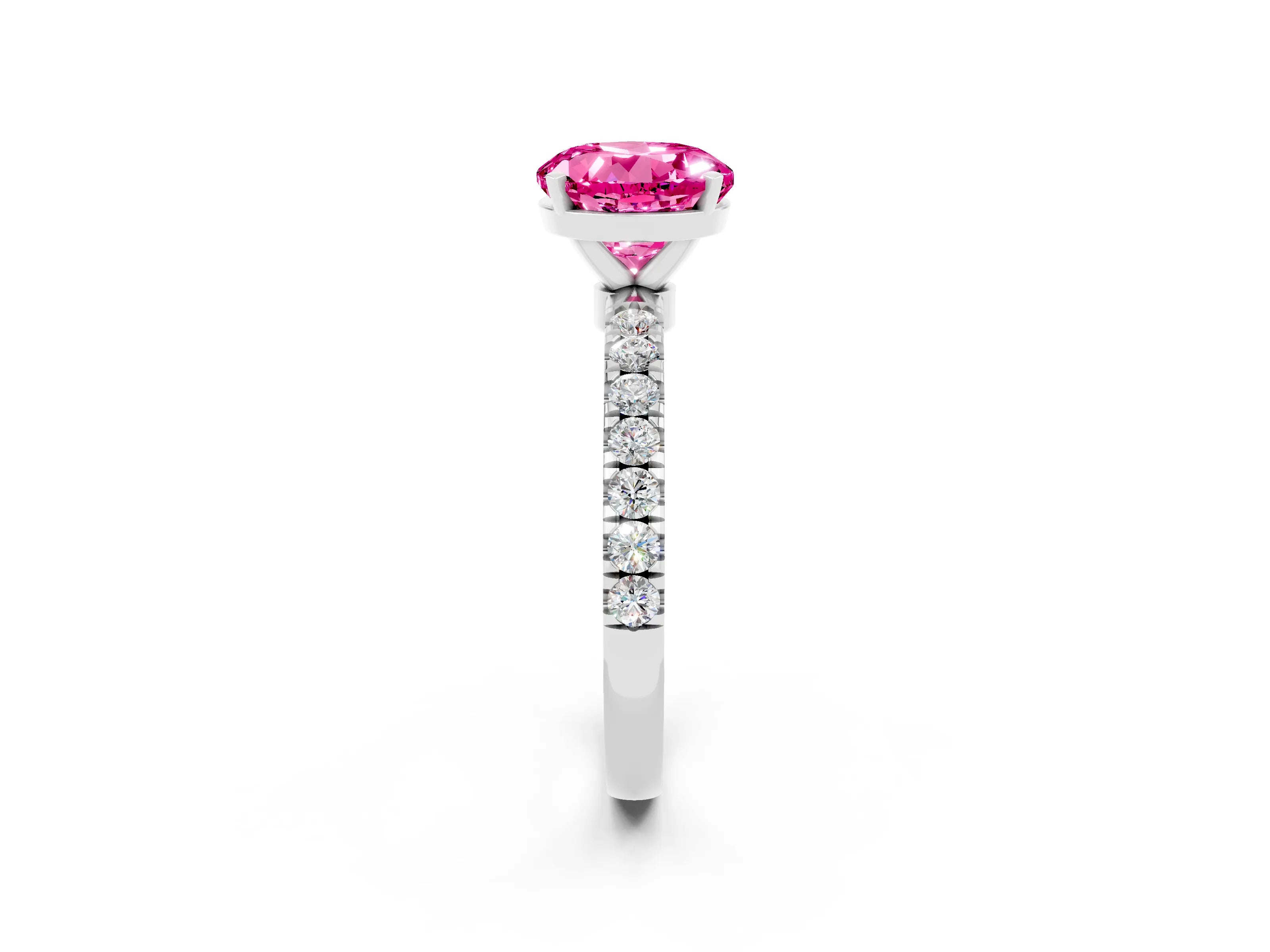 White gold Round Cut Pink Sapphire Solitaire Ring with Pavé Accents and Four-Prong Setting_26
