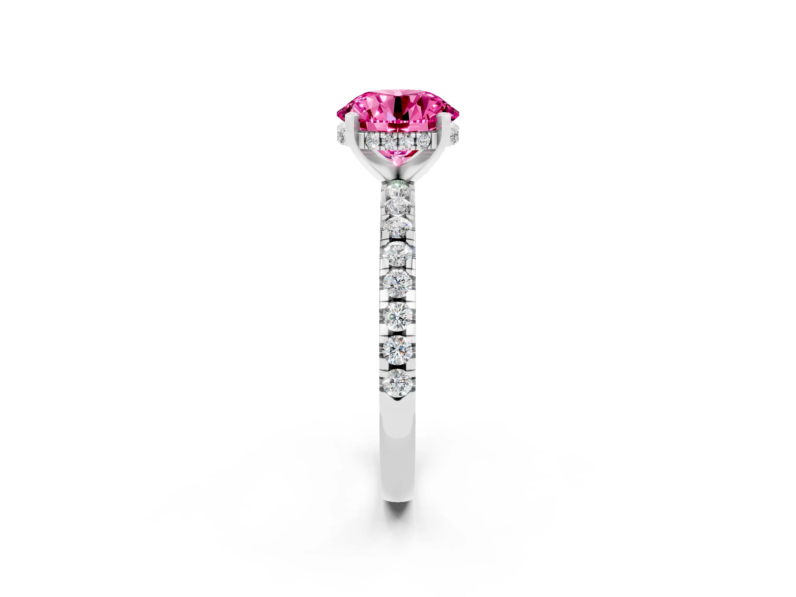 White gold Round Cut Pink Sapphire Solitaire Ring with Pavé Band and Four-Prong Setting_62