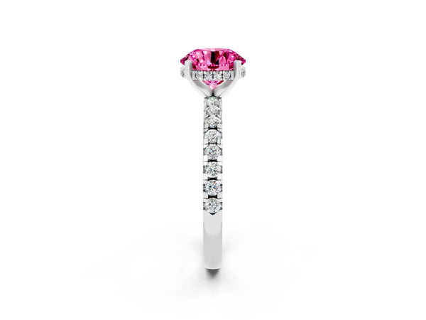 Platinum Round Cut Pink Sapphire Solitaire Ring with Round  Pavé Band and Four-Prong Setting