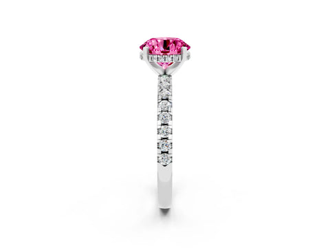 White gold Round Cut Pink Sapphire Solitaire Ring with Pavé Band and Four-Prong Setting_62