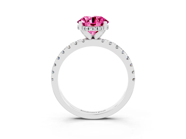 Platinum Round Cut Pink Sapphire Solitaire Ring with Round  Pavé Band and Four-Prong Setting