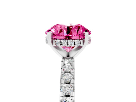 White gold Round Cut Pink Sapphire Solitaire Ring with Pavé Band and Four-Prong Setting_65