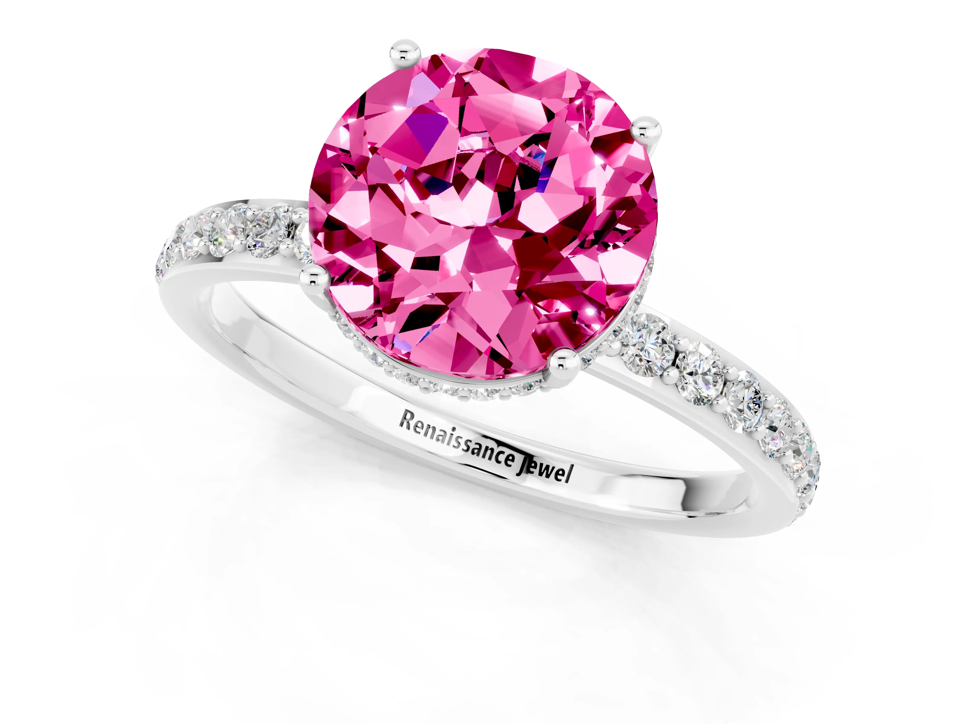 White gold Round Cut Pink Sapphire Solitaire Ring with Pavé Band and Hidden Halo_1