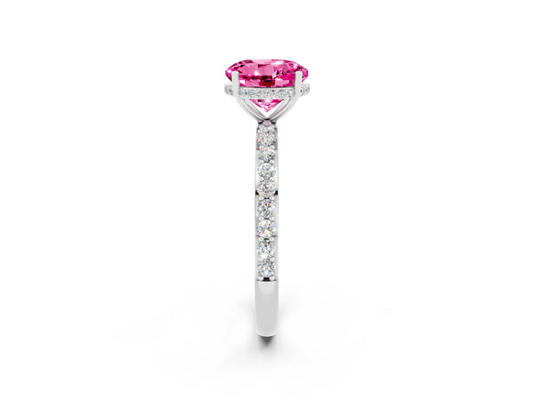 Platinum Round Cut Pink Sapphire Solitaire Ring with Pavé Band and Hidden Halo