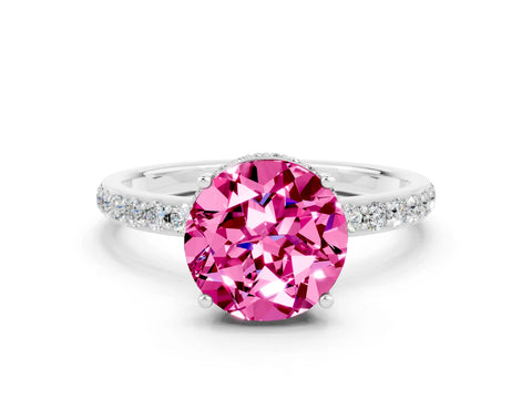 White gold Round Cut Pink Sapphire Solitaire Ring with Pavé Band and Hidden Halo_24