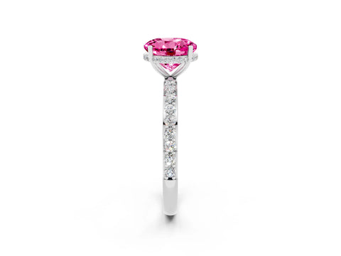White gold Round Cut Pink Sapphire Solitaire Ring with Pavé Band and Hidden Halo_26