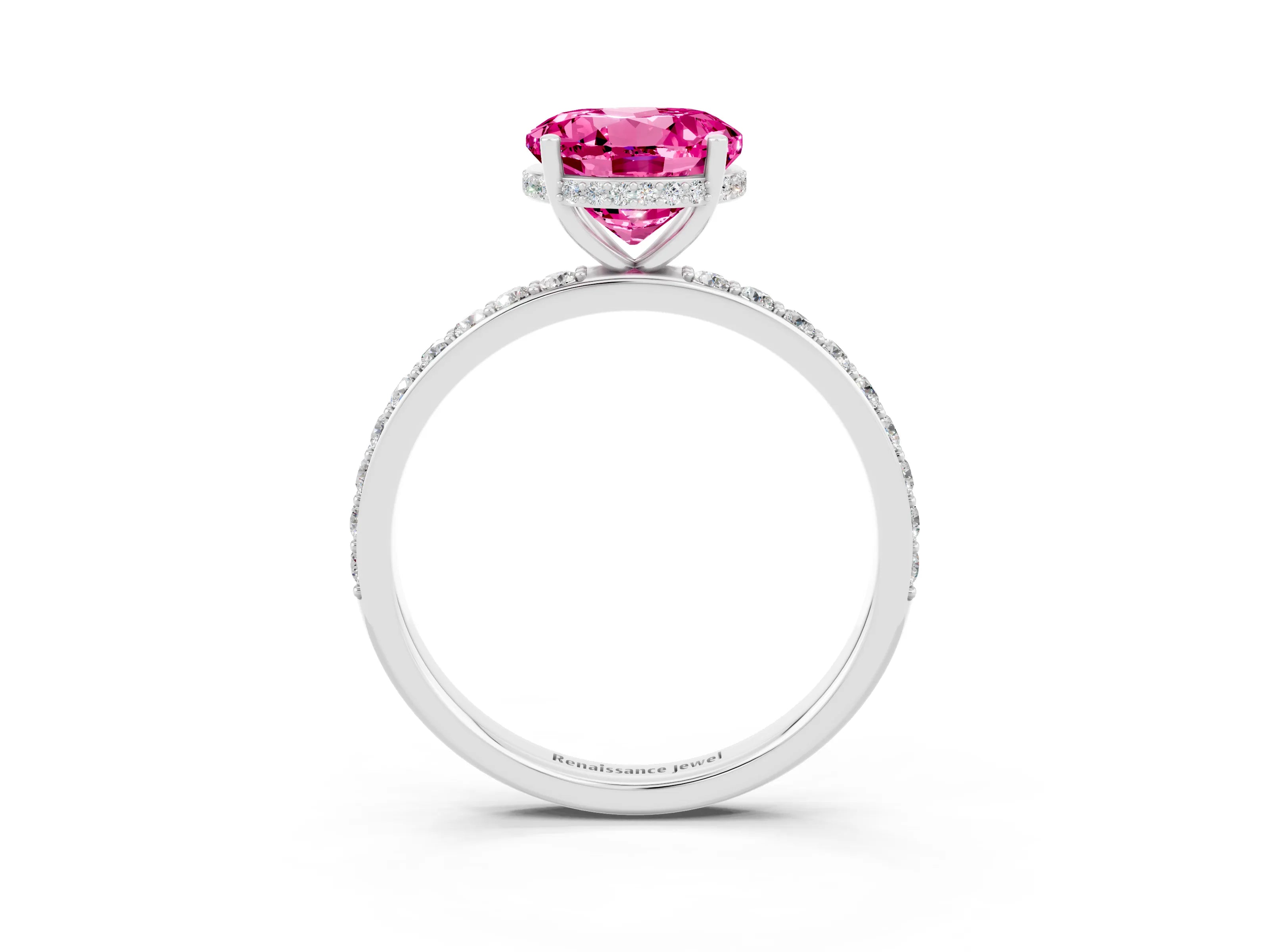 White gold Round Cut Pink Sapphire Solitaire Ring with Pavé Band and Hidden Halo_27