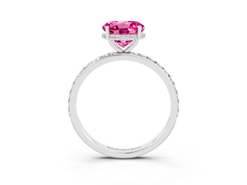 White gold Round Cut Pink Sapphire Solitaire Ring with Pavé Band and Hidden Halo_3