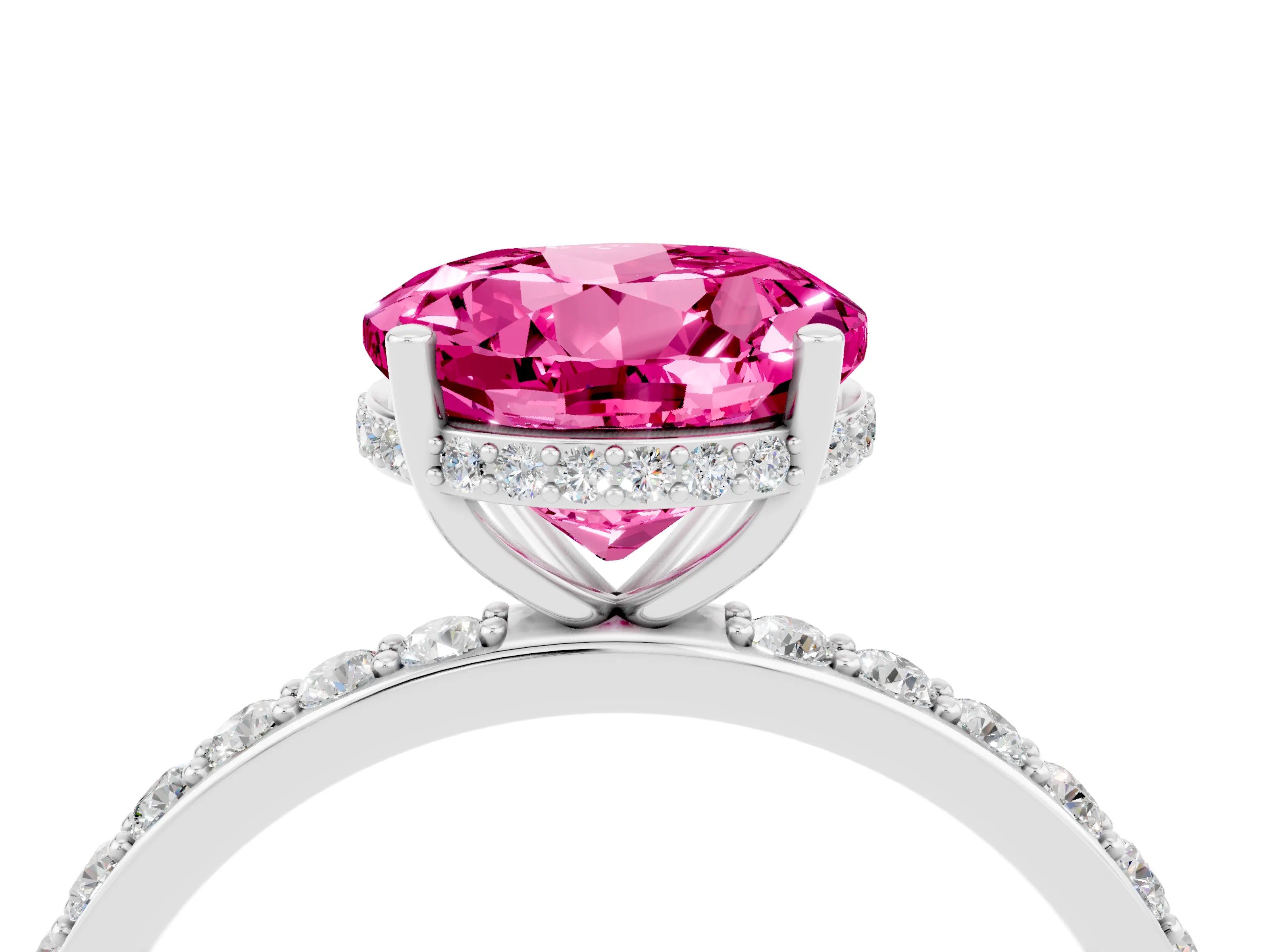 White gold Round Cut Pink Sapphire Solitaire Ring with Pavé Band and Hidden Halo_4