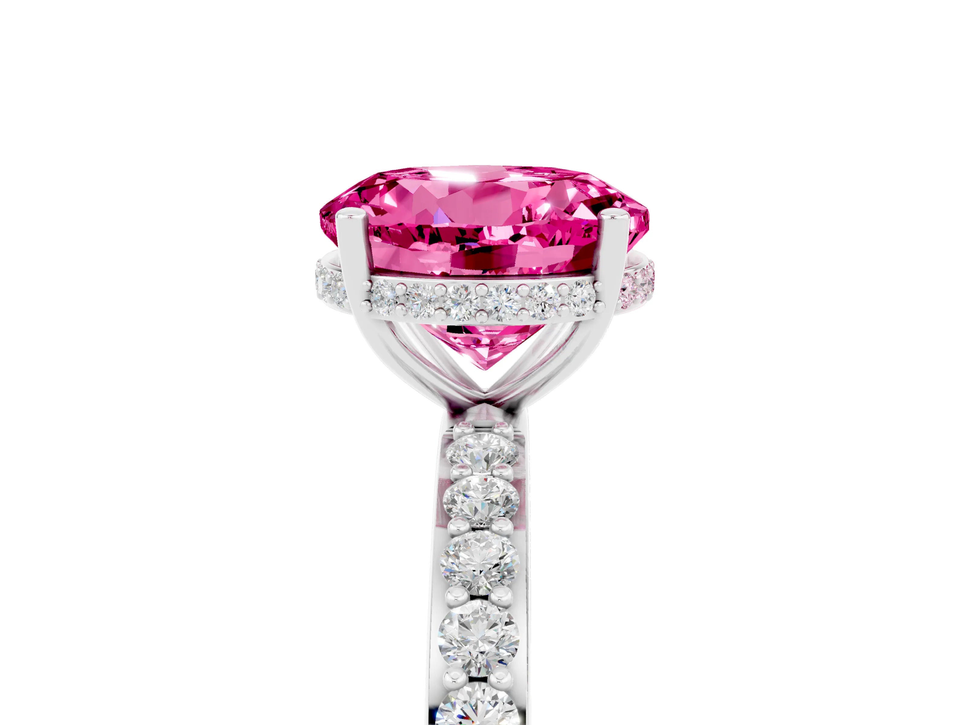 White gold Round Cut Pink Sapphire Solitaire Ring with Pavé Band and Hidden Halo_5