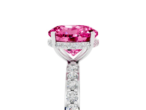White gold Round Cut Pink Sapphire Solitaire Ring with Pavé Band and Hidden Halo_5