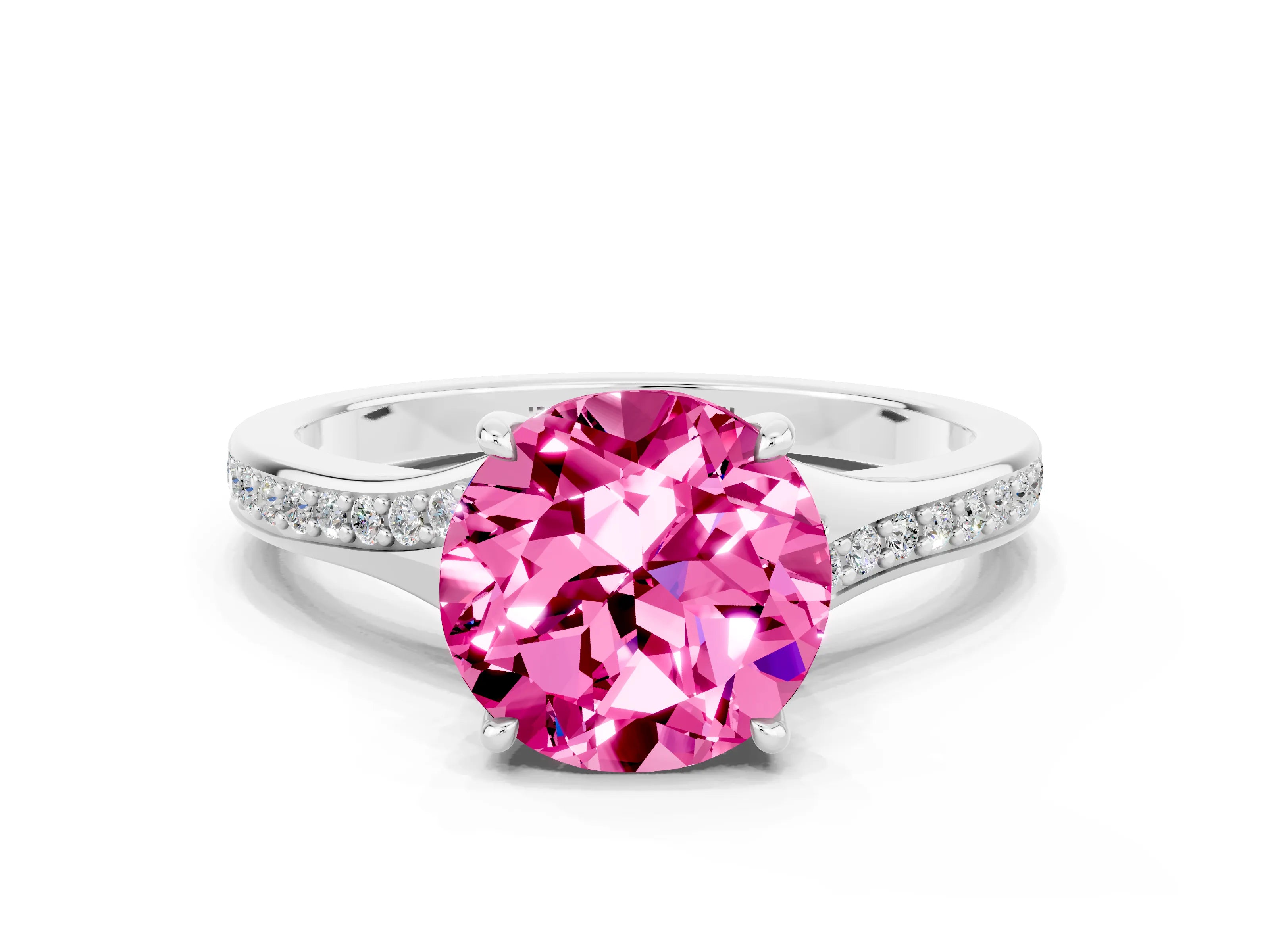 White gold Round Cut Pink Sapphire Solitaire Ring with Pavé Band and Prong Setting