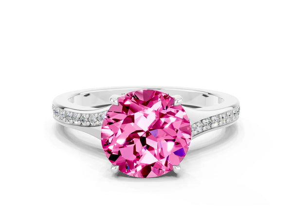 Platinum Round Cut Pink Sapphire Solitaire Ring with Pavé Band and Prong Setting
