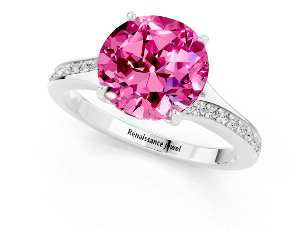 Silver Round Cut Pink Sapphire Solitaire Ring with Pavé Band and Prong Setting