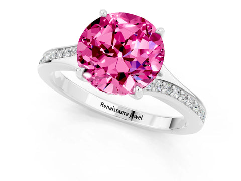 White gold Round Cut Pink Sapphire Solitaire Ring with Pavé Band and Prong Setting_1