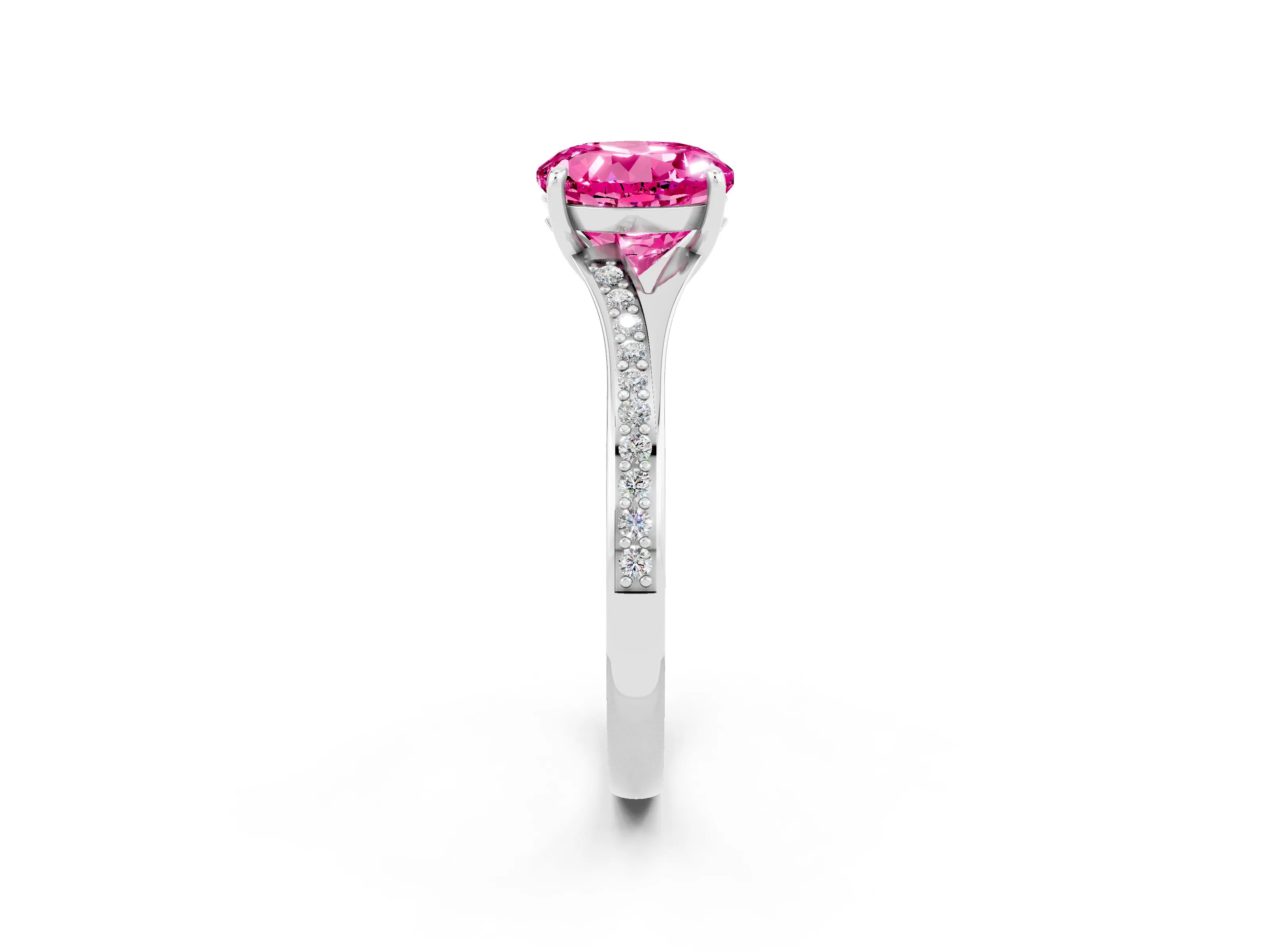 White gold Round Cut Pink Sapphire Solitaire Ring with Pavé Band and Prong Setting_2