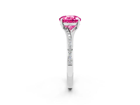 White gold Round Cut Pink Sapphire Solitaire Ring with Pavé Band and Prong Setting_2