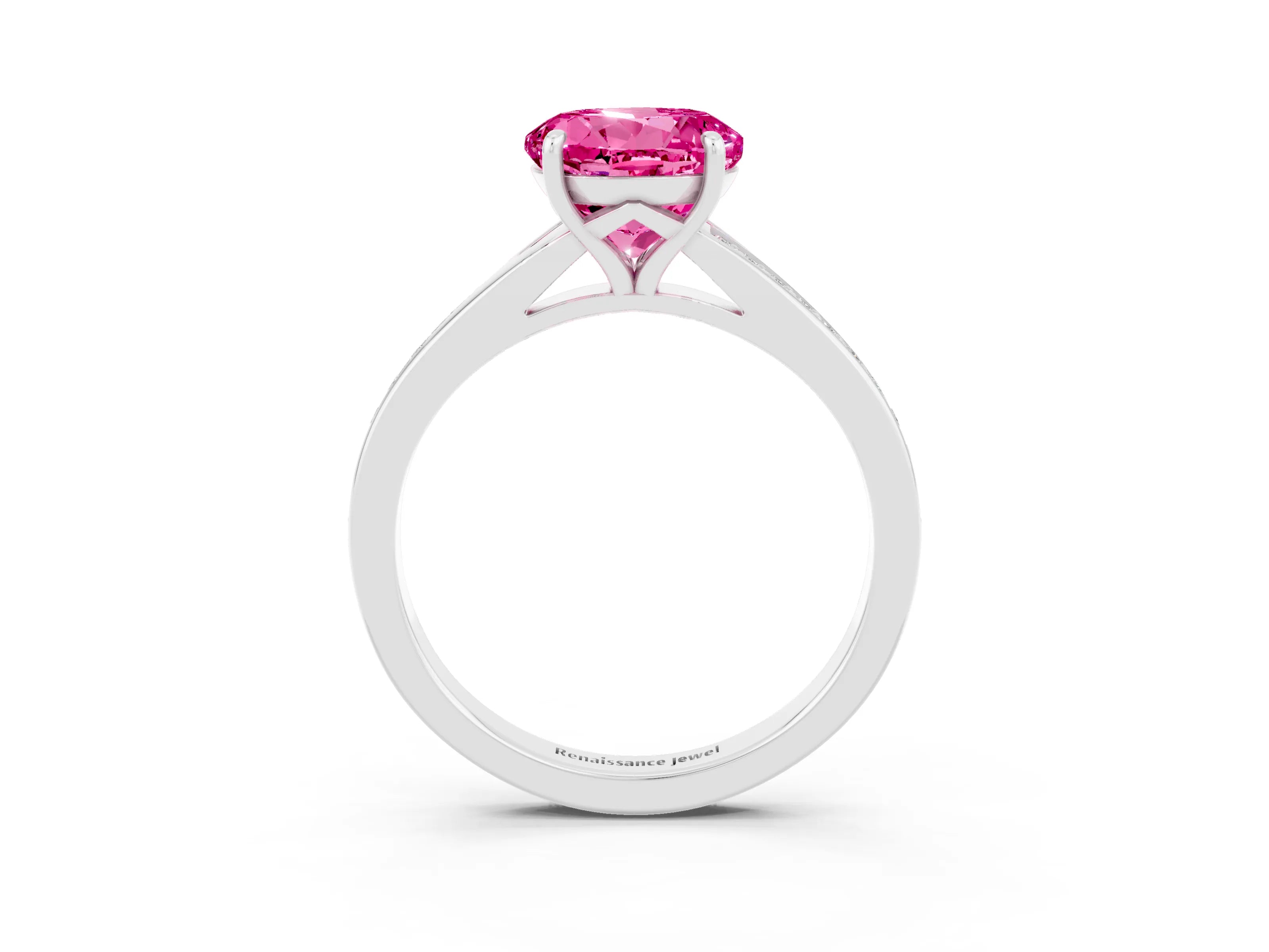 White gold Round Cut Pink Sapphire Solitaire Ring with Pavé Band and Prong Setting_3