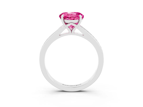 Silver Round Cut Pink Sapphire Solitaire Ring with Pavé Band and Prong Setting