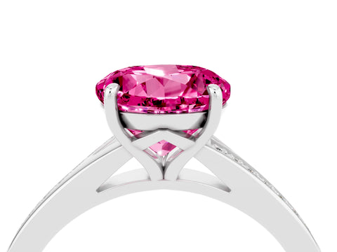 White gold Round Cut Pink Sapphire Solitaire Ring with Pavé Band and Prong Setting_4