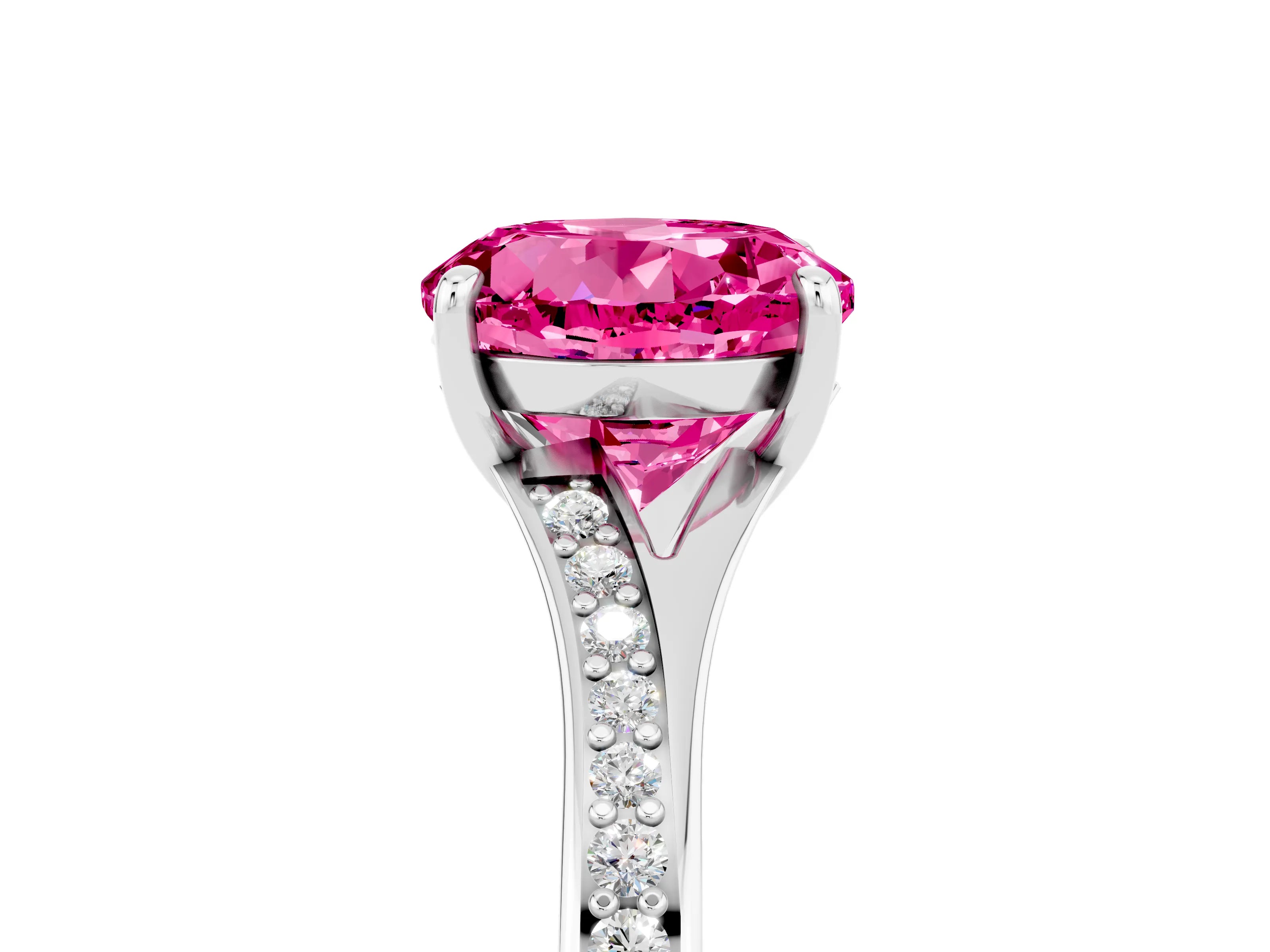 White gold Round Cut Pink Sapphire Solitaire Ring with Pavé Band and Prong Setting_5