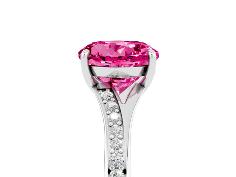 White gold Round Cut Pink Sapphire Solitaire Ring with Pavé Band and Prong Setting_5
