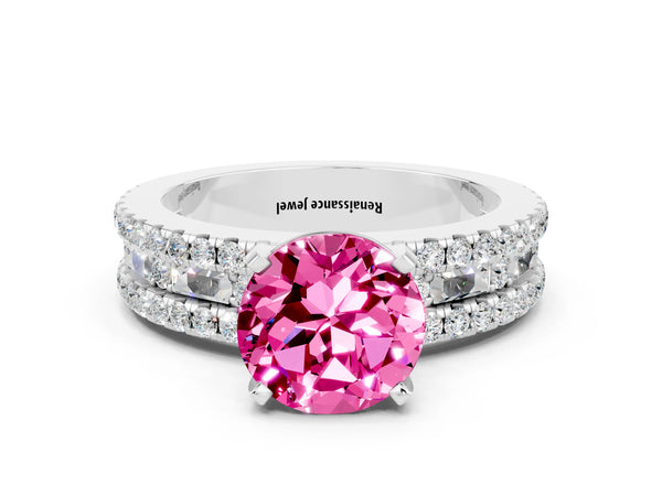 Platinum Round Cut Pink Sapphire Solitaire Ring with Pavé and Channel Set Band