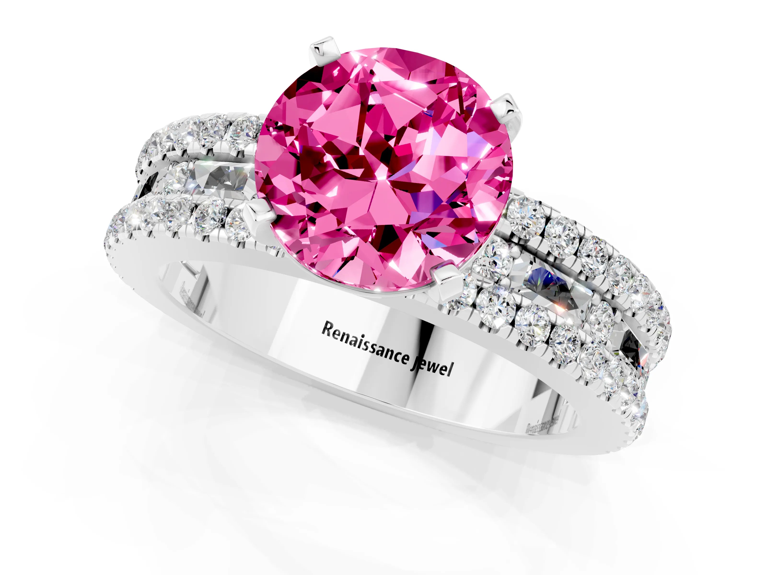 White gold Round Cut Pink Sapphire Solitaire Ring with Pavé and Channel Set Band_25