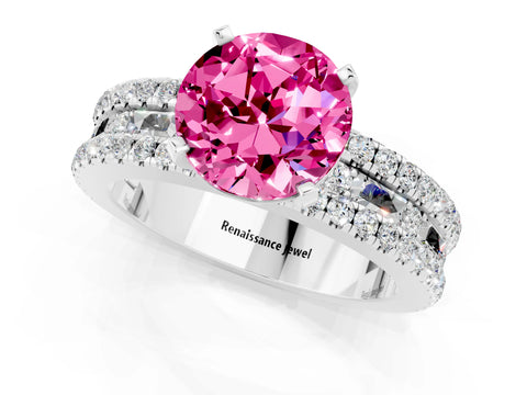 White gold Round Cut Pink Sapphire Solitaire Ring with Pavé and Channel Set Band_25