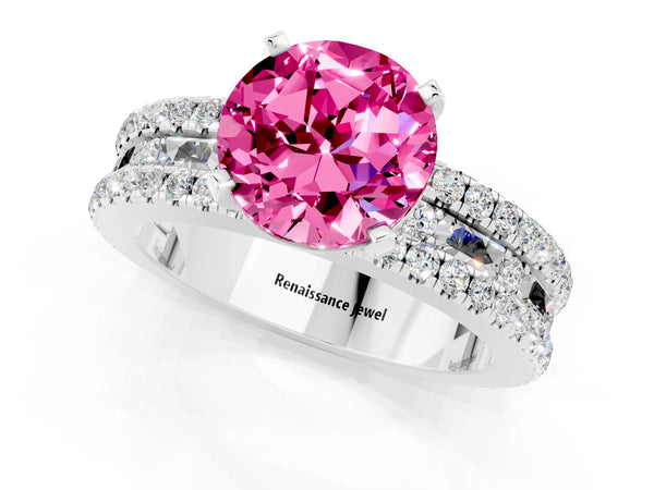 White gold Round Cut Pink Sapphire Solitaire Ring with Pavé and Channel Set Band