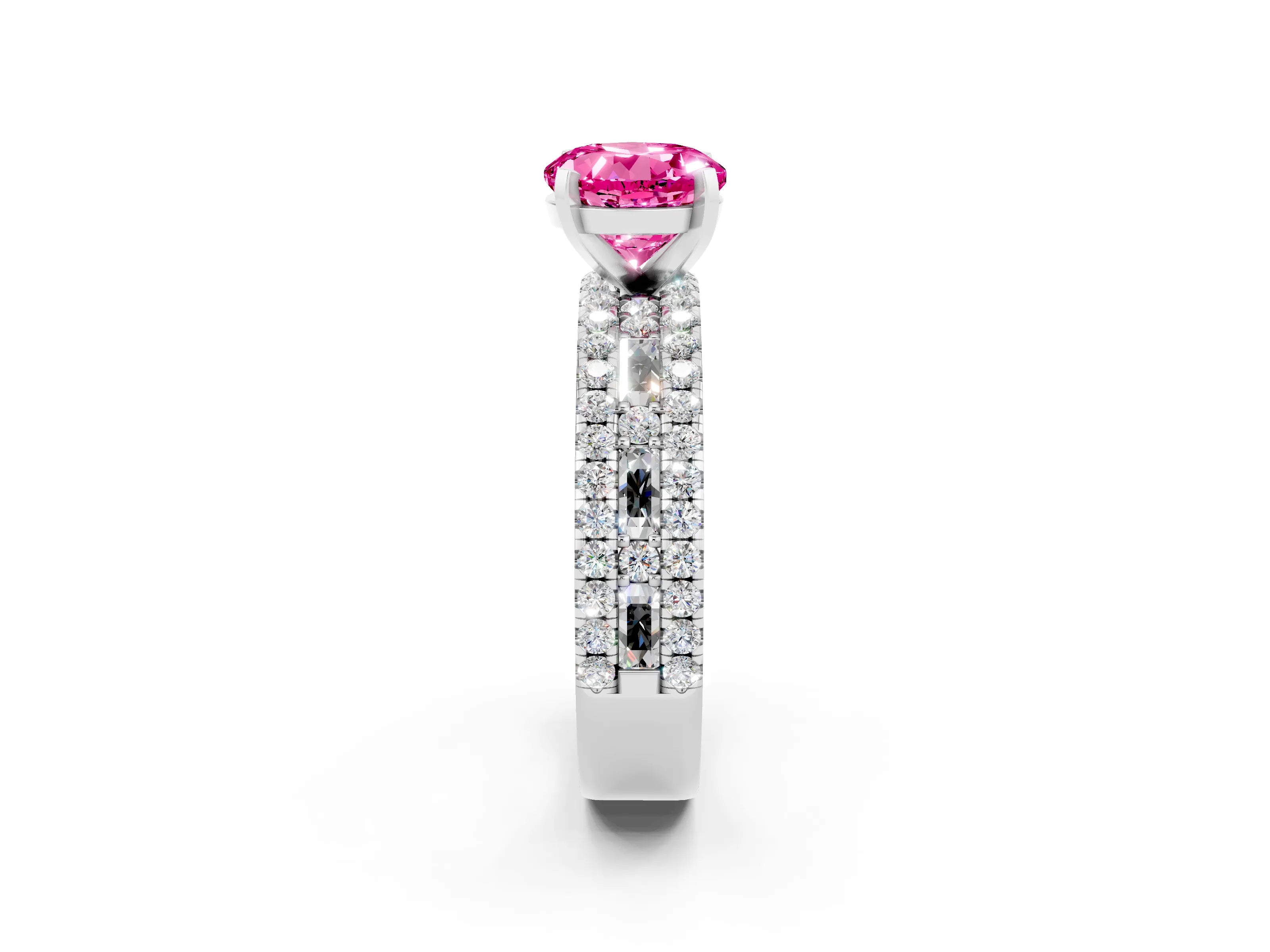 White gold Round Cut Pink Sapphire Solitaire Ring with Pavé and Channel Set Band_26