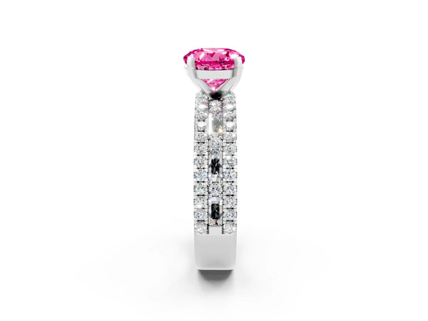 White gold Round Cut Pink Sapphire Solitaire Ring with Pavé and Channel Set Band