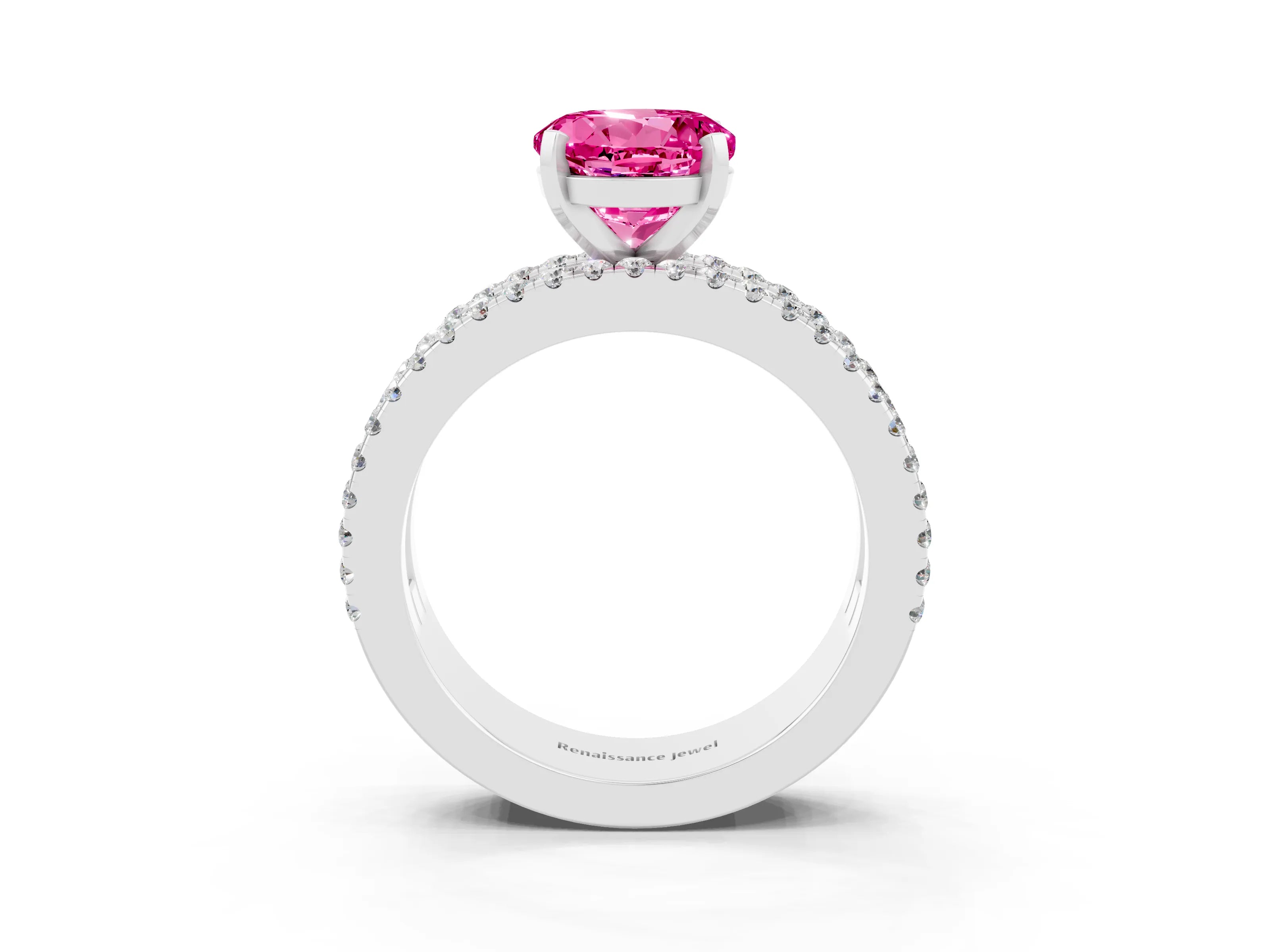 White gold Round Cut Pink Sapphire Solitaire Ring with Pavé and Channel Set Band_27