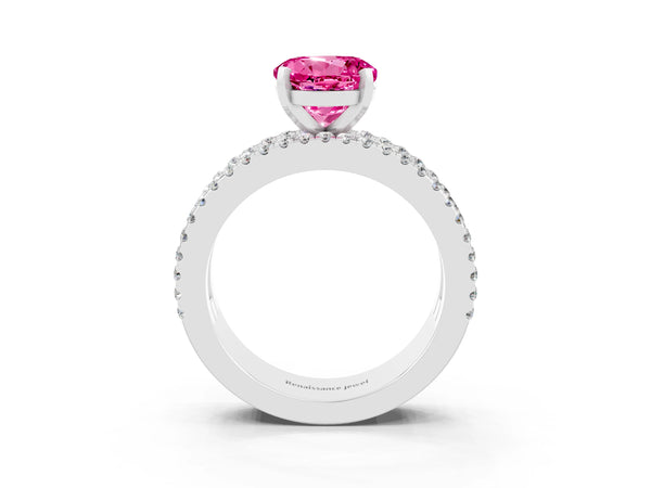 Silver Round Cut Pink Sapphire Solitaire Ring with Pavé and Channel Set Band