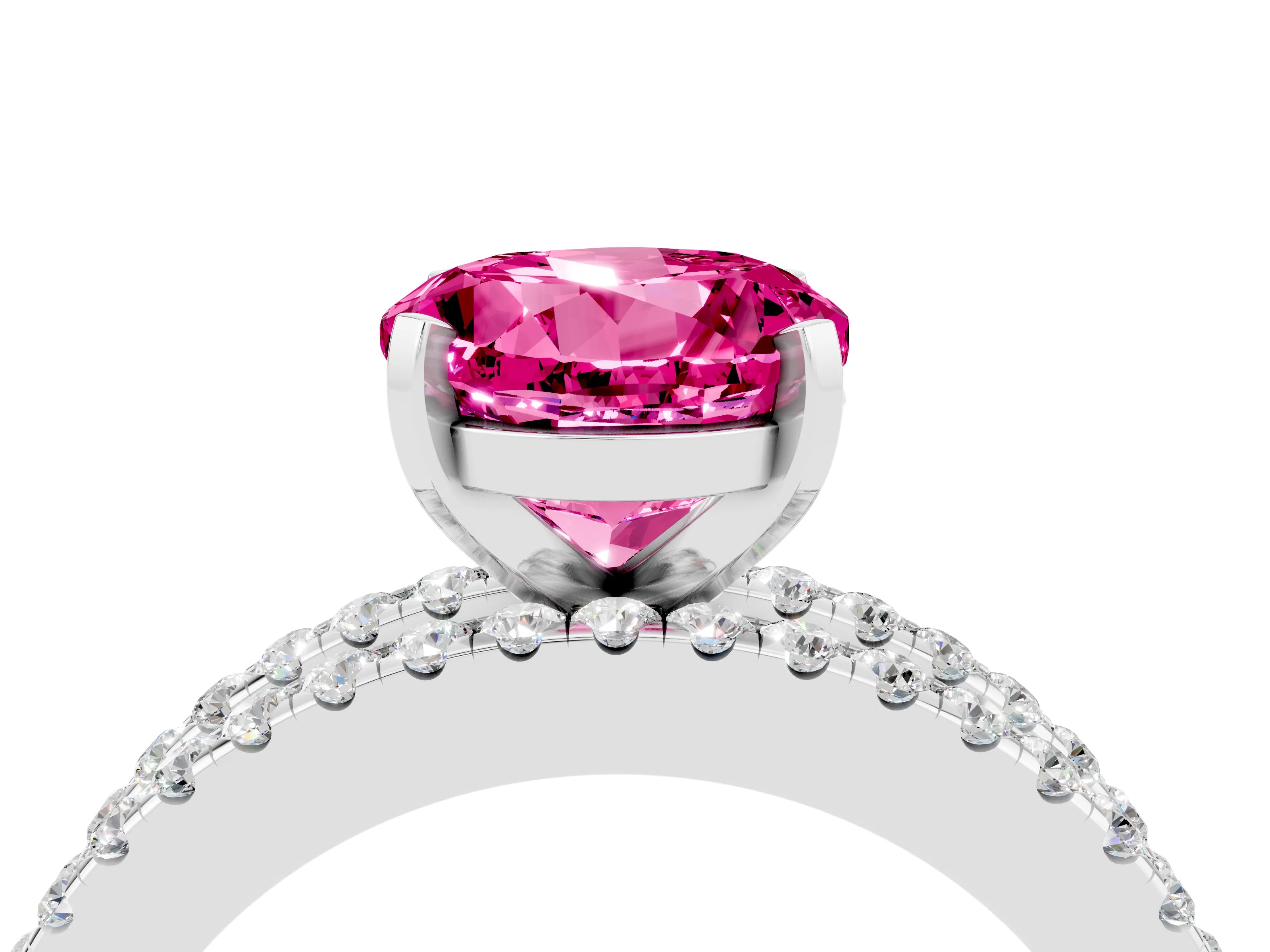 White gold Round Cut Pink Sapphire Solitaire Ring with Pavé and Channel Set Band_28