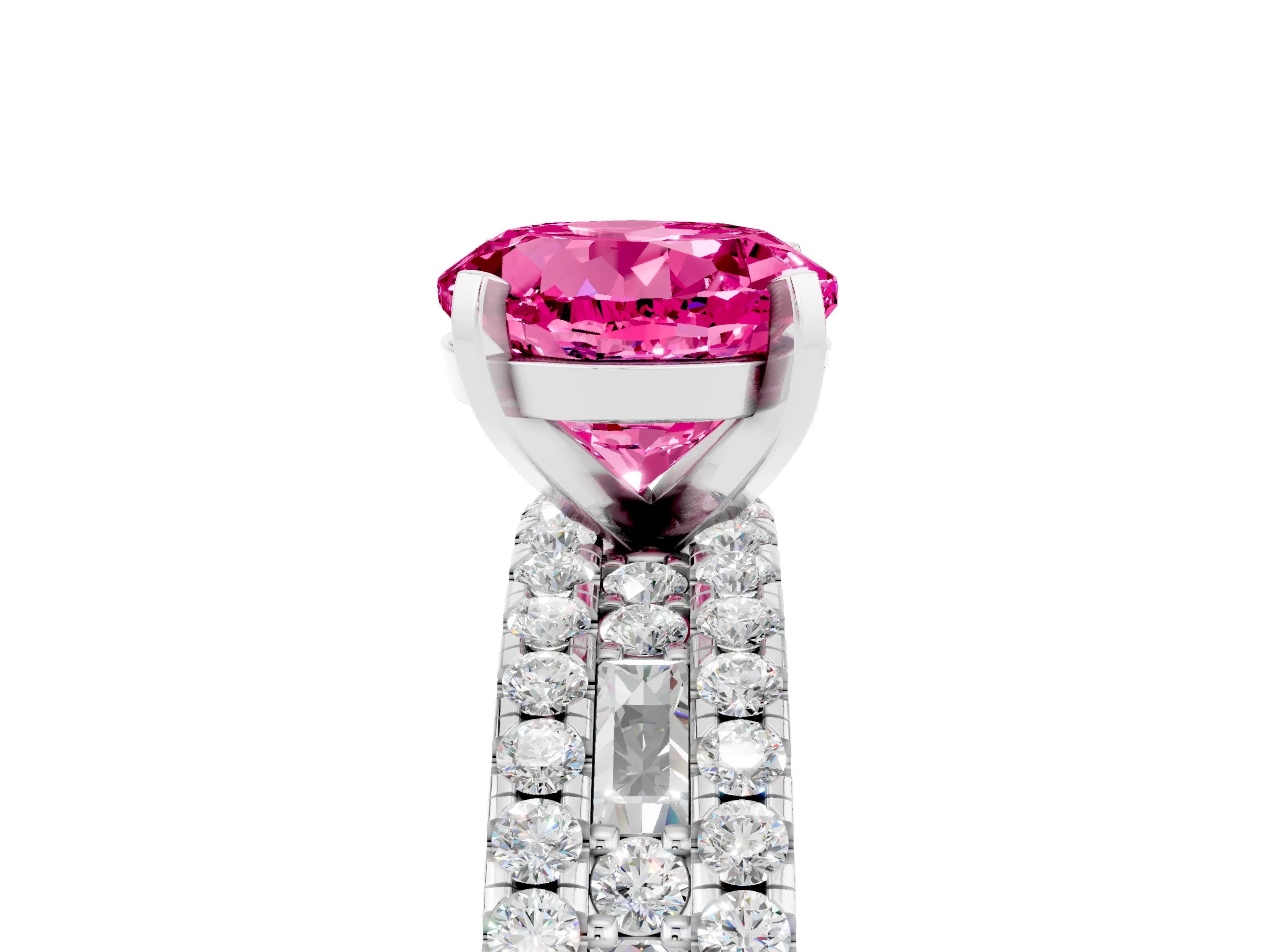 White gold Round Cut Pink Sapphire Solitaire Ring with Pavé and Channel Set Band_29