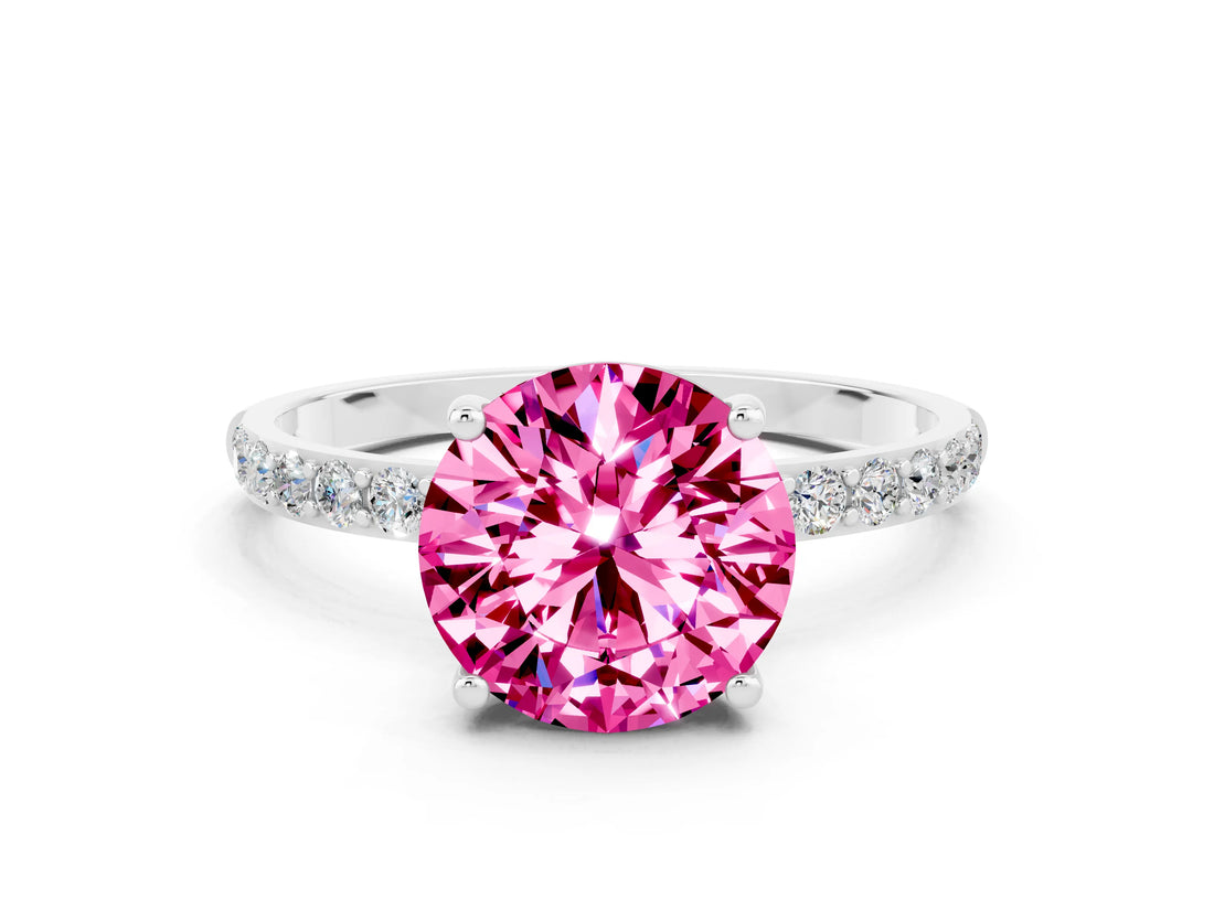 White gold Round Cut Pink Sapphire Solitaire Ring with Pave Band and Four Prong Setting_48