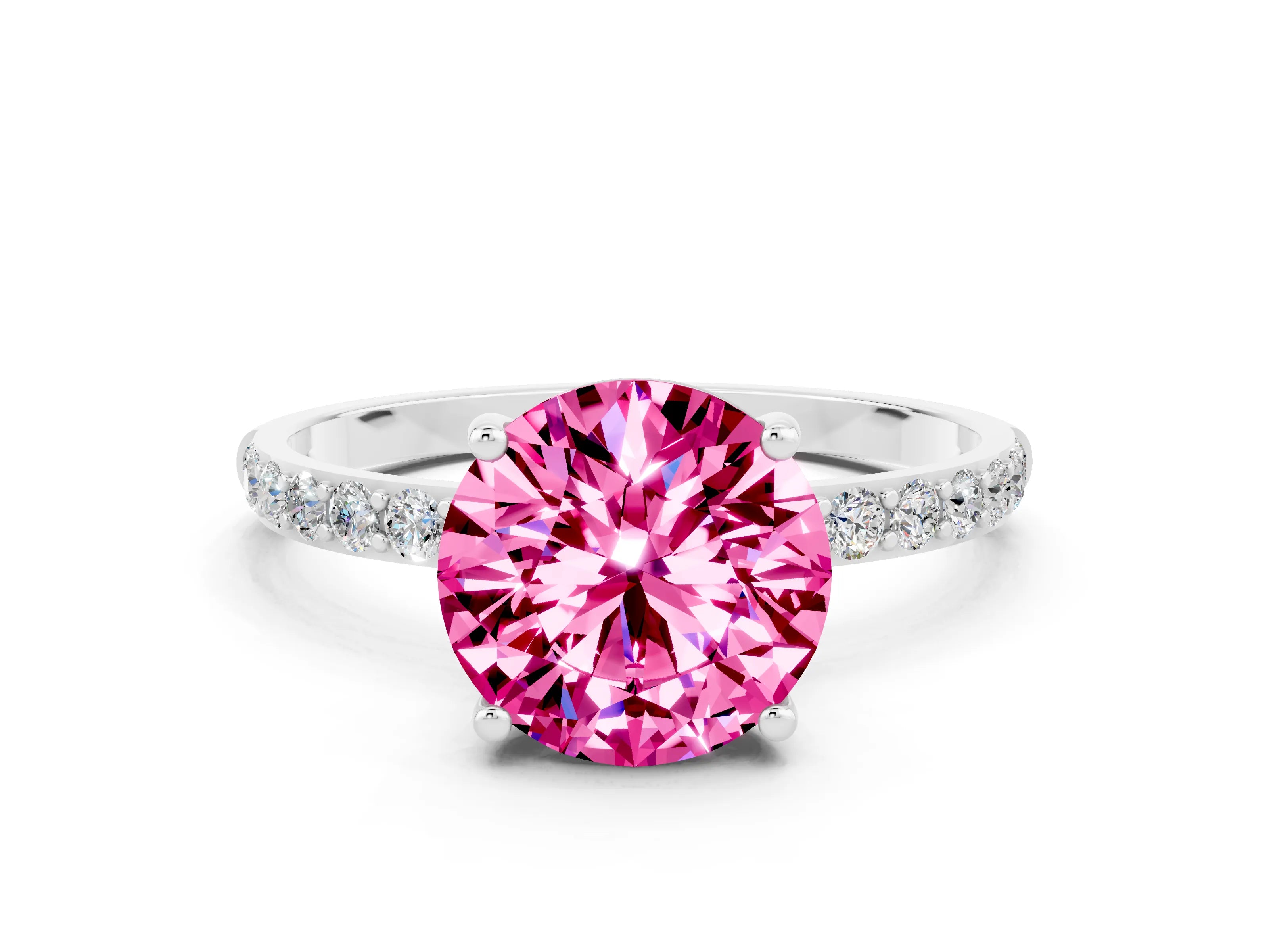 White gold Round Cut Pink Sapphire Solitaire Ring with Pave Band and Four Prong Setting_48